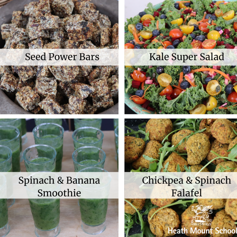 Seed power bars, kale super salad, spinach and banana smoothies and chickpea falafels on offer for school nutrition day